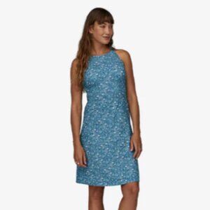 Patagonia Magnolia Spring Dress Lago Blue Floral Leaf sleeveless knee length